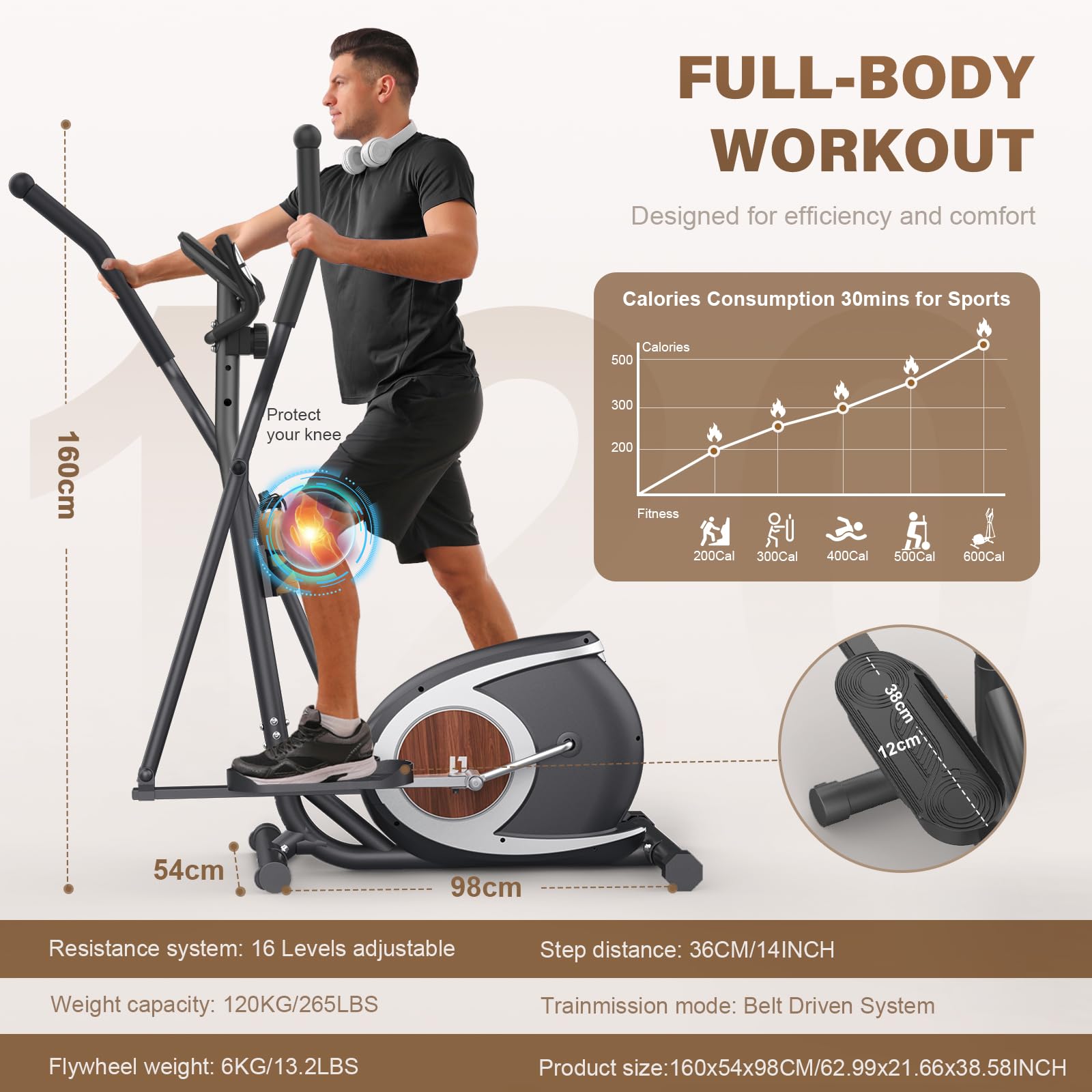 Vélo Elliptique, Elliptique Magnétique Ultra-Silencieux avec 16 Niveaux de Résistance, écran LCD, Pédale Antidérapante, Capacité de Charge 265 LBS, Appareil Elliptique à Ddomicile