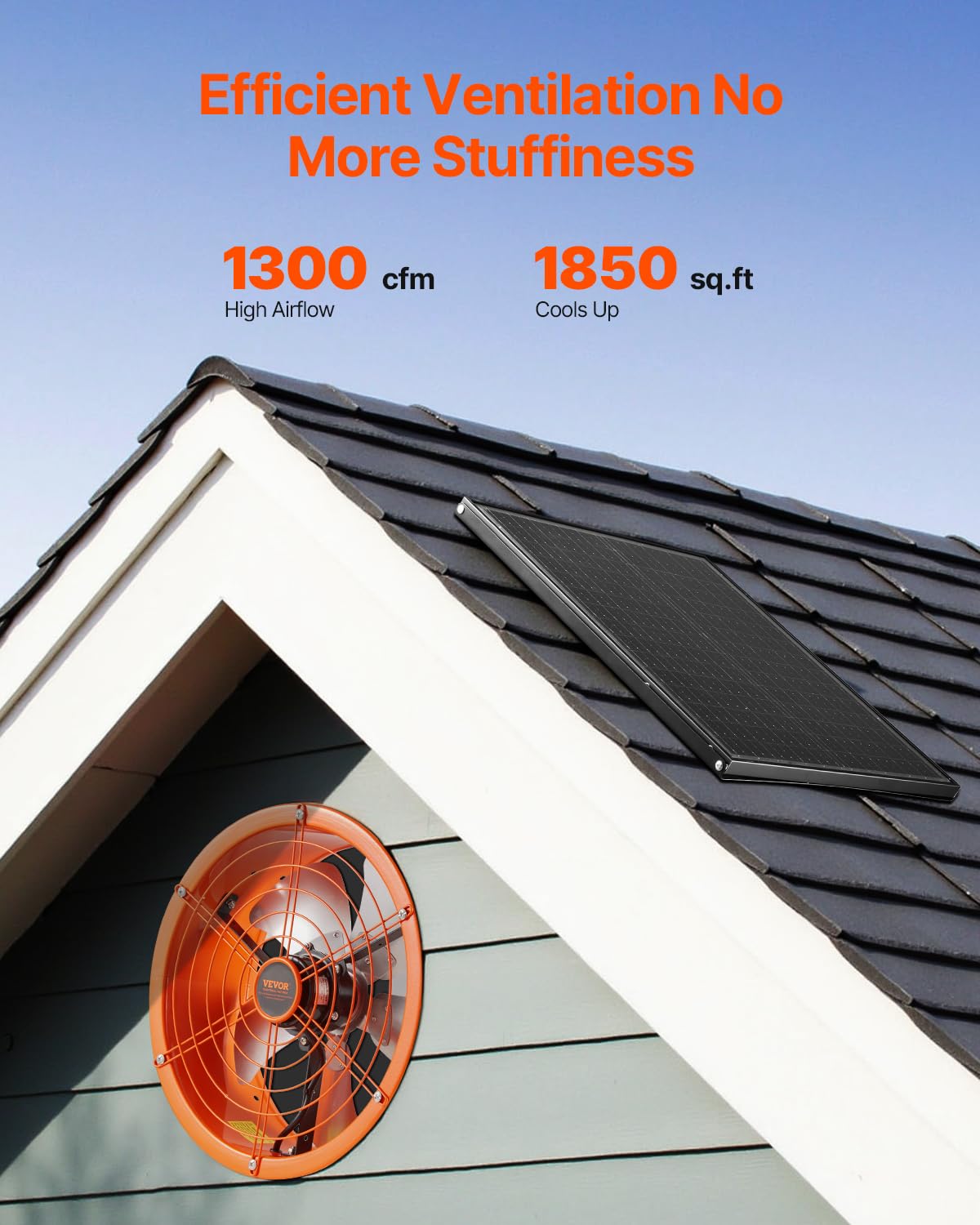 VEVOR Ventilador de Montaje a Dos Aguas, Extractor de Aire Solar con Termostato Ajustable y Malla Exterior, 1300 CFM, Ventilación Silenciosa para Techo, Garaje, Tienda, Naranja, Φ 400 x 150 mm