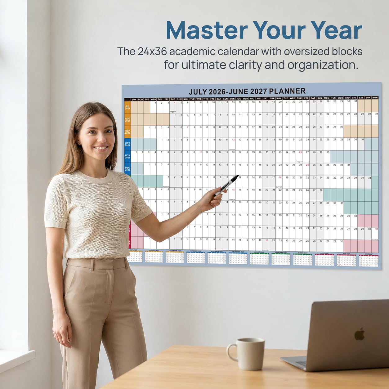 Akademischer Wandkalender 2026–2027, trocken abwischbar, laminiert, Boho-Monatsplaner, Juli-Juni für Lehrer, Schule, Büro, Zuhause