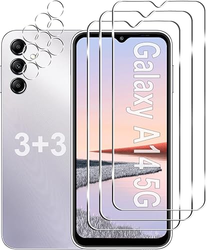 Paquete de 3 + 3 protectores de pantalla para Galaxy A14 5G + protector de lente de cámara, dureza 9H, resistente a los arañazos, fácil instalación,