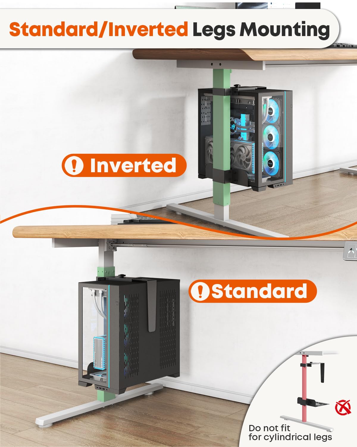 PUTORSEN Supporto da scrivania per PC, senza foratura, capacità 20 kg, larghezza e altezza regolabili, supporto per scrivania con morsetto per scrivania in piedi, adatto solo per gambe da 65 mm x 45
