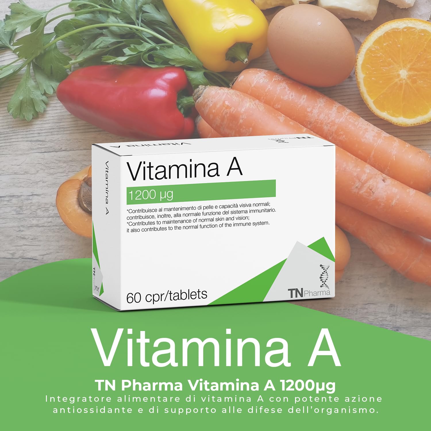 Tn Pharma Vitamina A, 1200 µg, 60 Compresse, Integratore Alimentare, Senza Glutine e Lattosio, Per Sistema Immunitario, Vista e Pelle