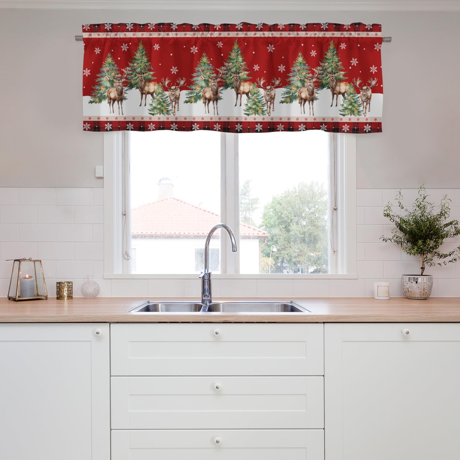 Christmas Deers Curtains Valance,Curtain Valance Window,Blackout Kitchen Curtain,Rod Pocket Valance for Window,Christmas Holidays Window Curtains Decor for Kitchen Bathroom Living Room Bedroom