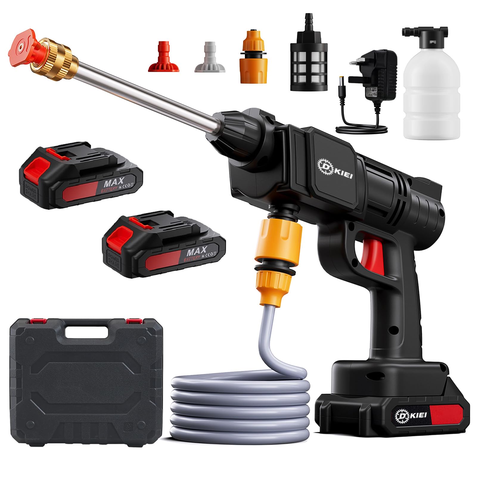 DKIEI Pressure Washer Cordless, Electric High Pressure Washer Portable Jet Washer Kit with 2 * 1500mAh Battery 2*Spray Nozzles 5M Hose, Washer Cleaner Machine for Car Garden Floor, Black