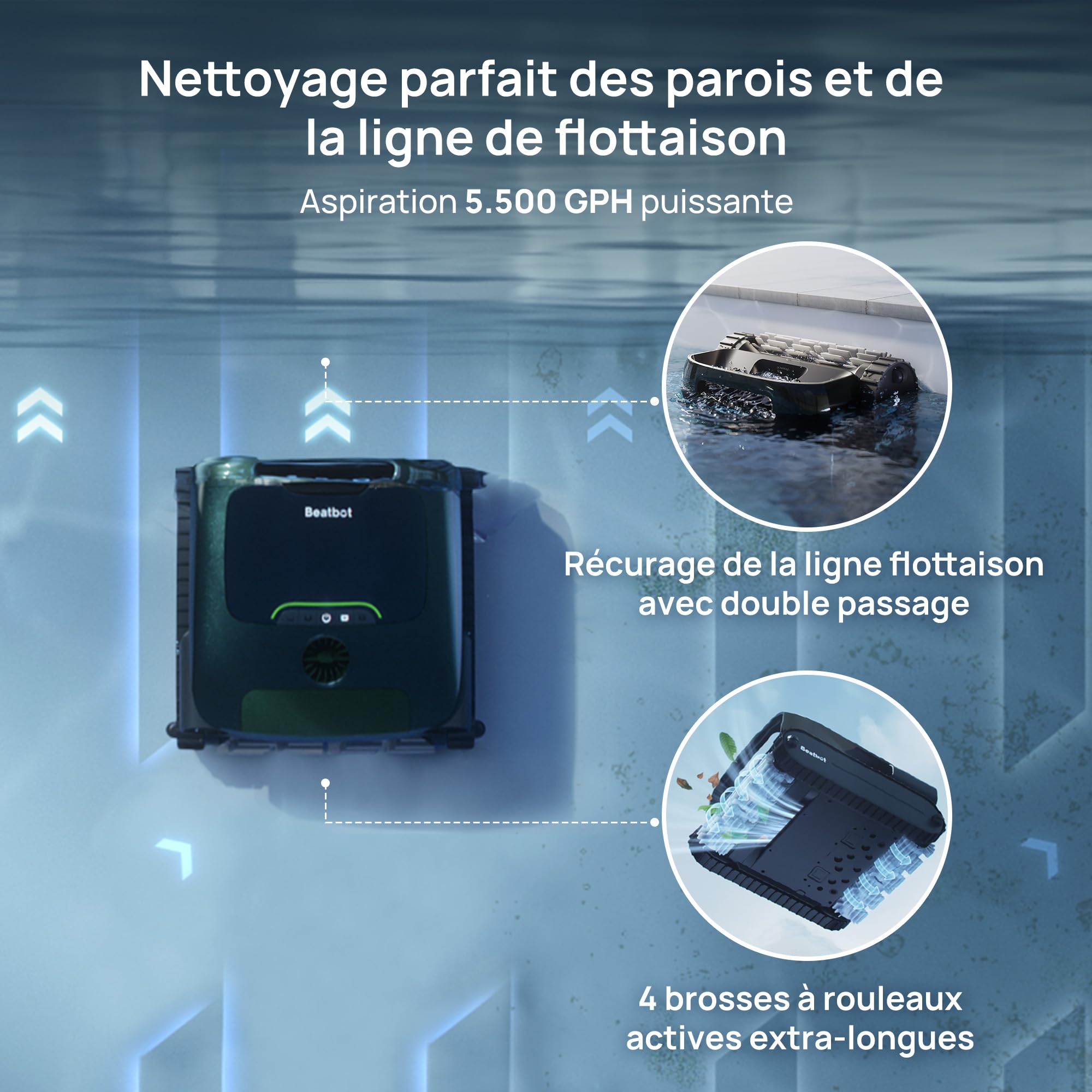 Beatbot AquaSense 2 Pro Robot de Piscine sans Fil, nettoie Fond, parois et Surface, clarifie l'eau, stationnement en Surface, Navigation Intelligente, jusqu'à 11 Heures, pour piscines jusqu'à 360 m²