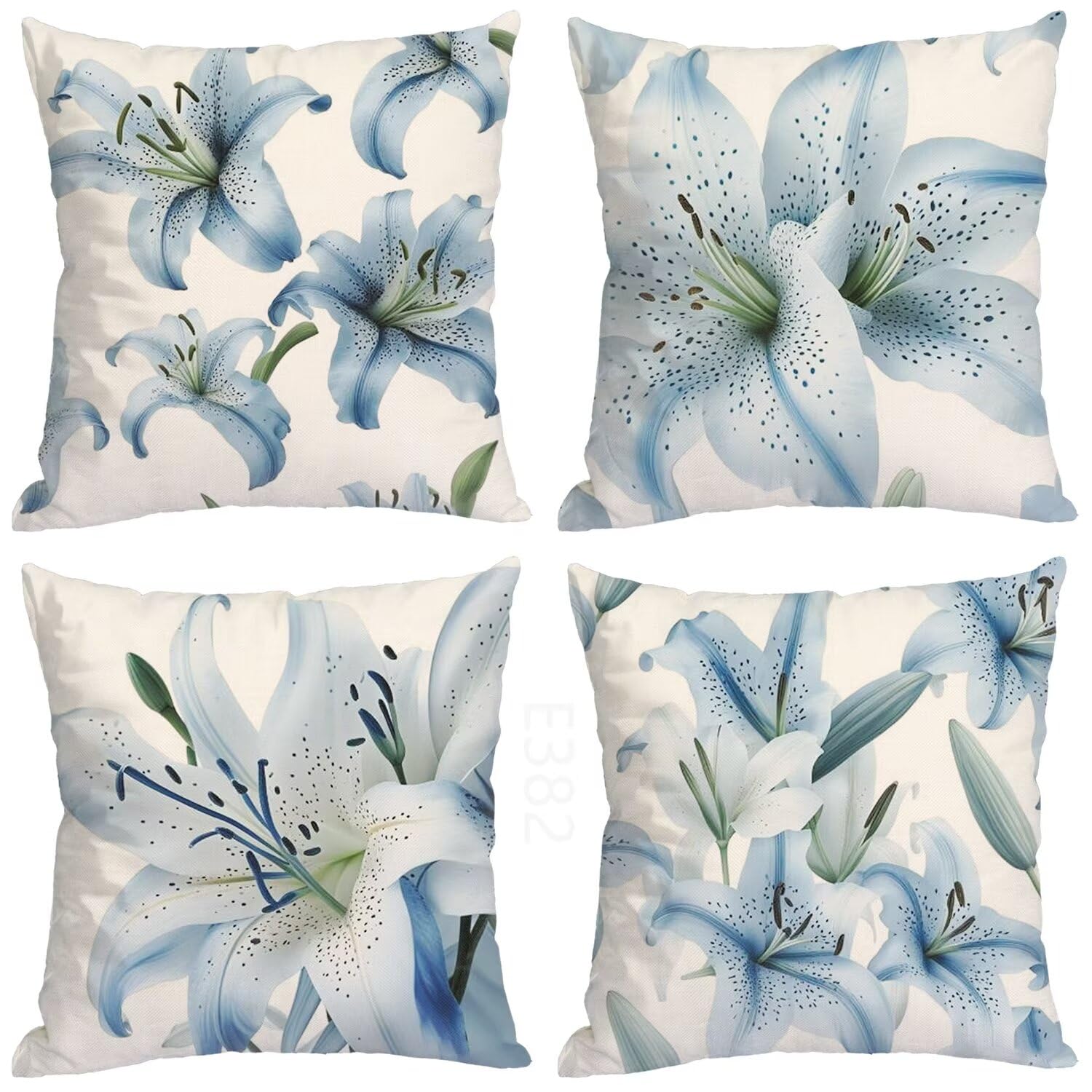 Azzurro Federe Cuscini Divano 55x55cm,4 Pack Giglio Estate Esterno Cuscini per Divano,Doppio Lato Quadrato Morbido Cuscini Divano,per Divano Soggiorno Sedia Autunno Dekoration Cuscino,Regali LY-382
