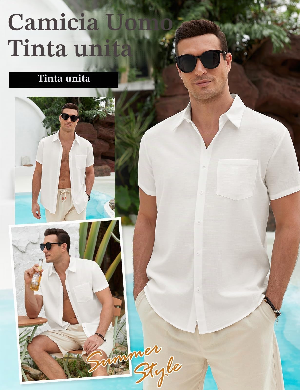 Xnova Camicia Uomo in Cotone e Lino Camicia Uomo Maniche Corte Estiva Regular Fit con Taschino la Spiaggia Camicie con Collo Button-Down Le Vacanze e Il Lavoro