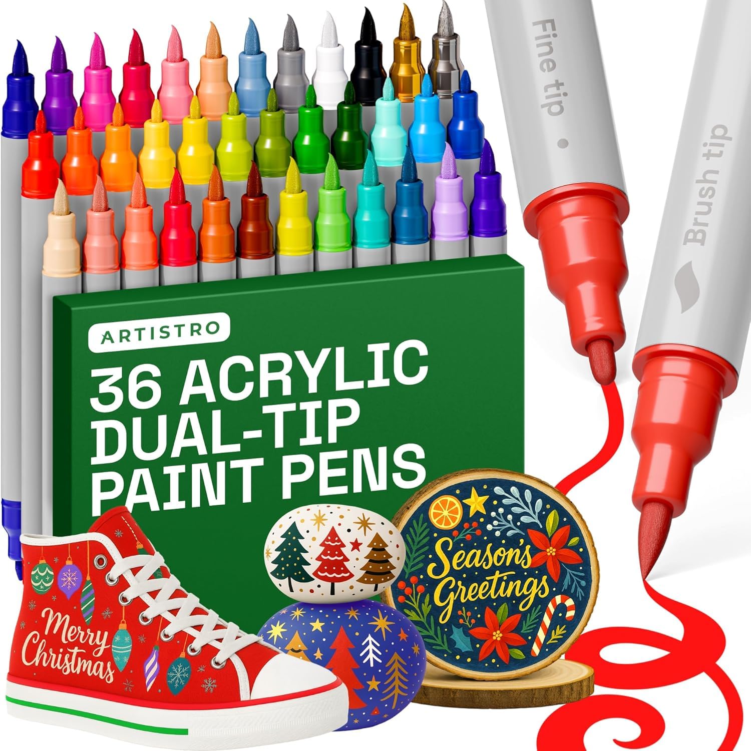 Artistro 36 Acrylstifte – Dual Tip (Pinsel & Fein) Marker für Stoff, Leinwand, Stein, Glas, Holz – Kalligrafie, Scrapbooking Zubehör, DIY & Geschenk für Kinder und Jugendliche – Kunstset