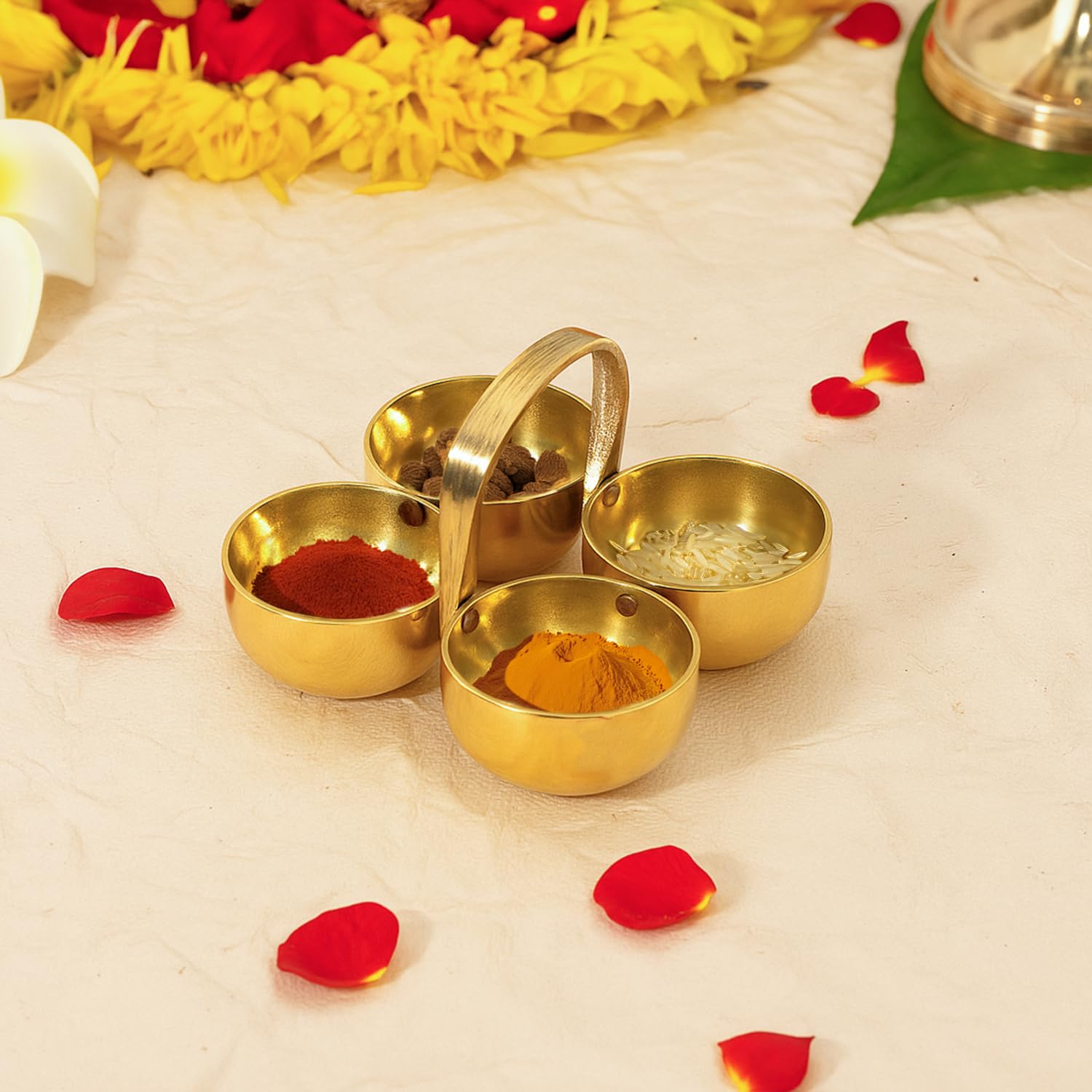 Ekhasa Pure Brass Panchapali Pooja Set with 4 Cups | Panchapala Brass Small Katori for Pooja Multipurpose use to Keep Roli, Chawal, Haldi, Kumkum, Mishri, etc. | Chowmukh with Handle for Pooja Mandir-image-16