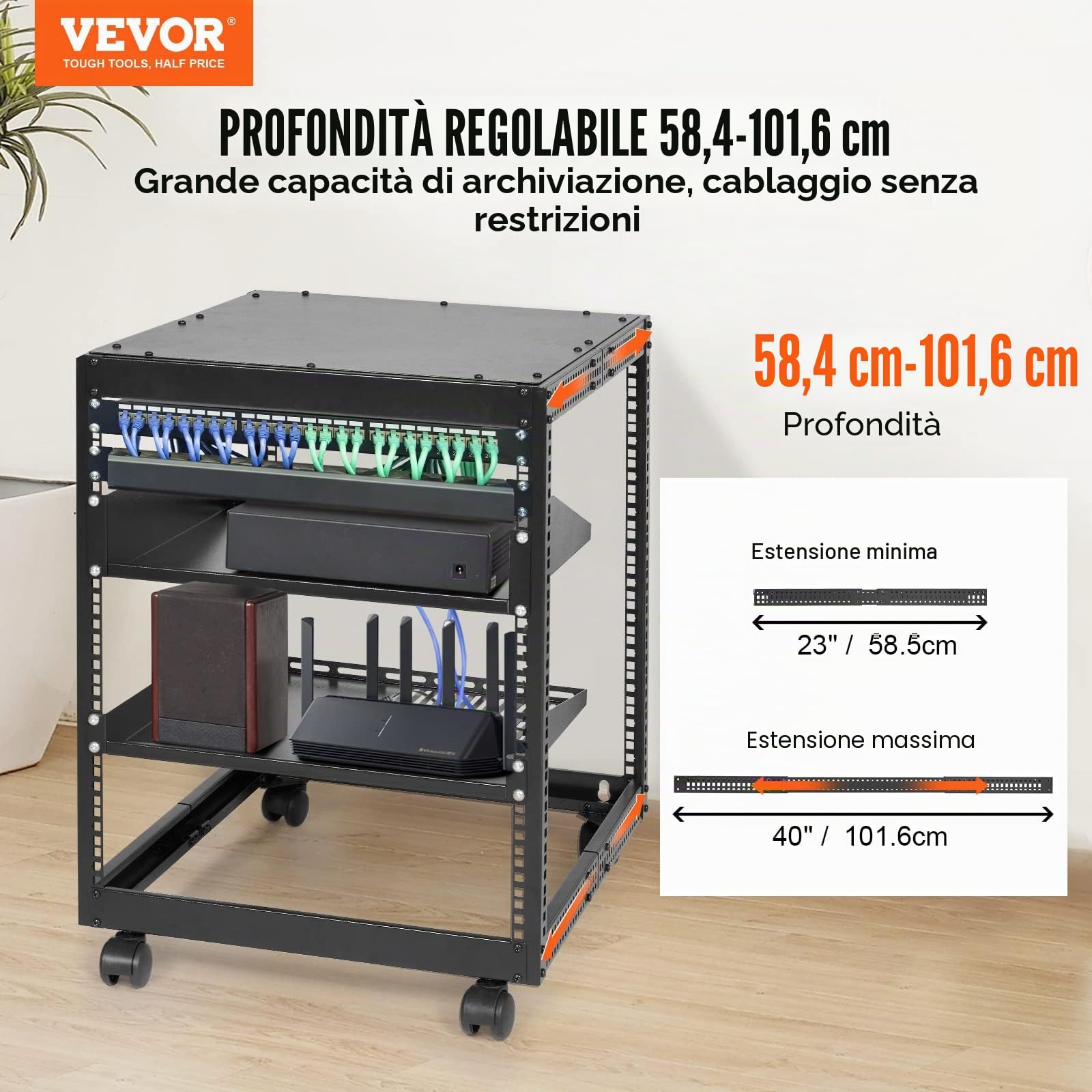 VEVOR Server Rack a Telaio Aperto 12U, Profondità Regolabile da 15''-40'', Server di Rete Rack da Autoportante o con Montaggio a Parete, Rack AV a 4 Posti con Ruote