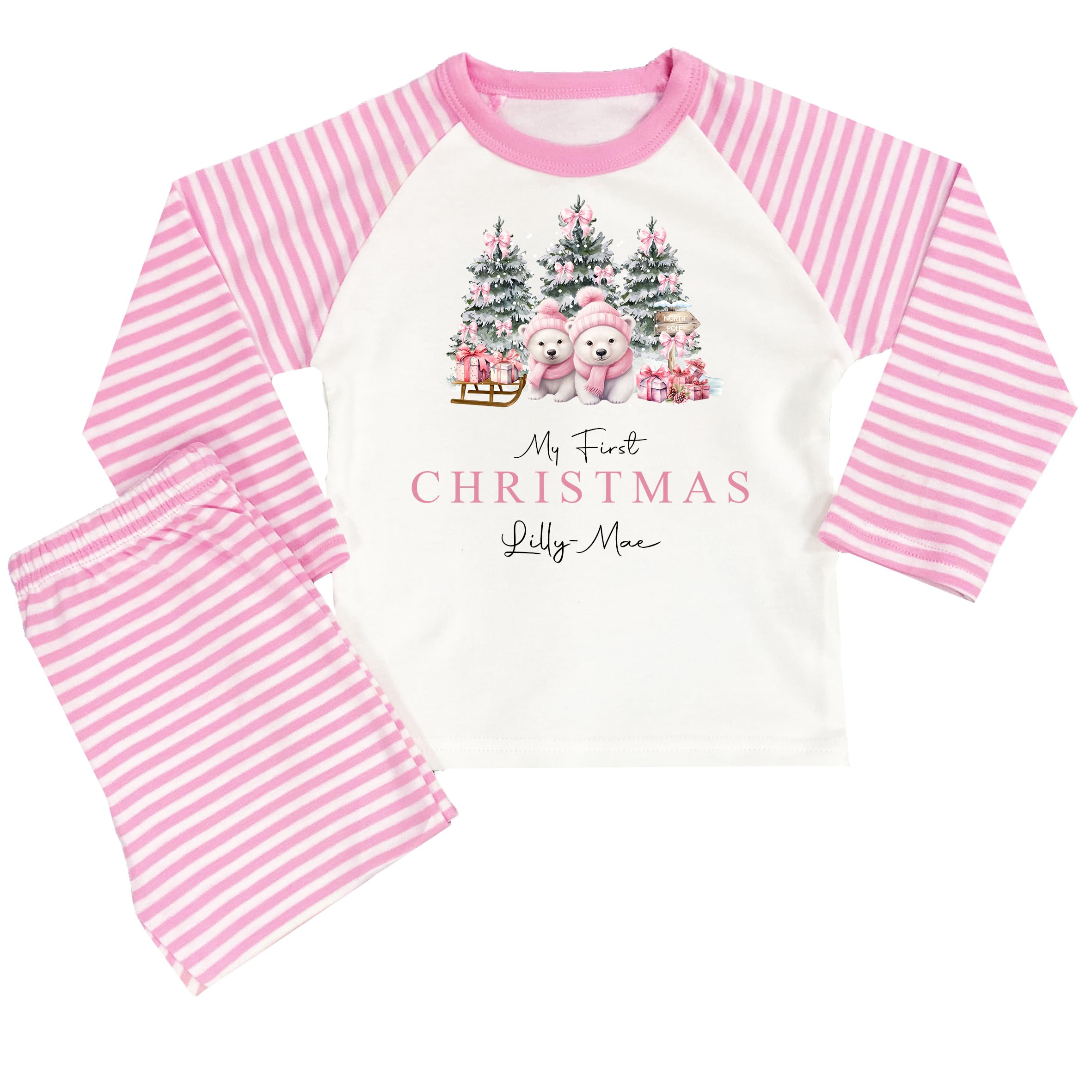 Personalised Girls First Christmas Pyjamas 1st Baby Xmas Pjs (Pink My 1st Xmas Polar Bear, 6-12 Months)
