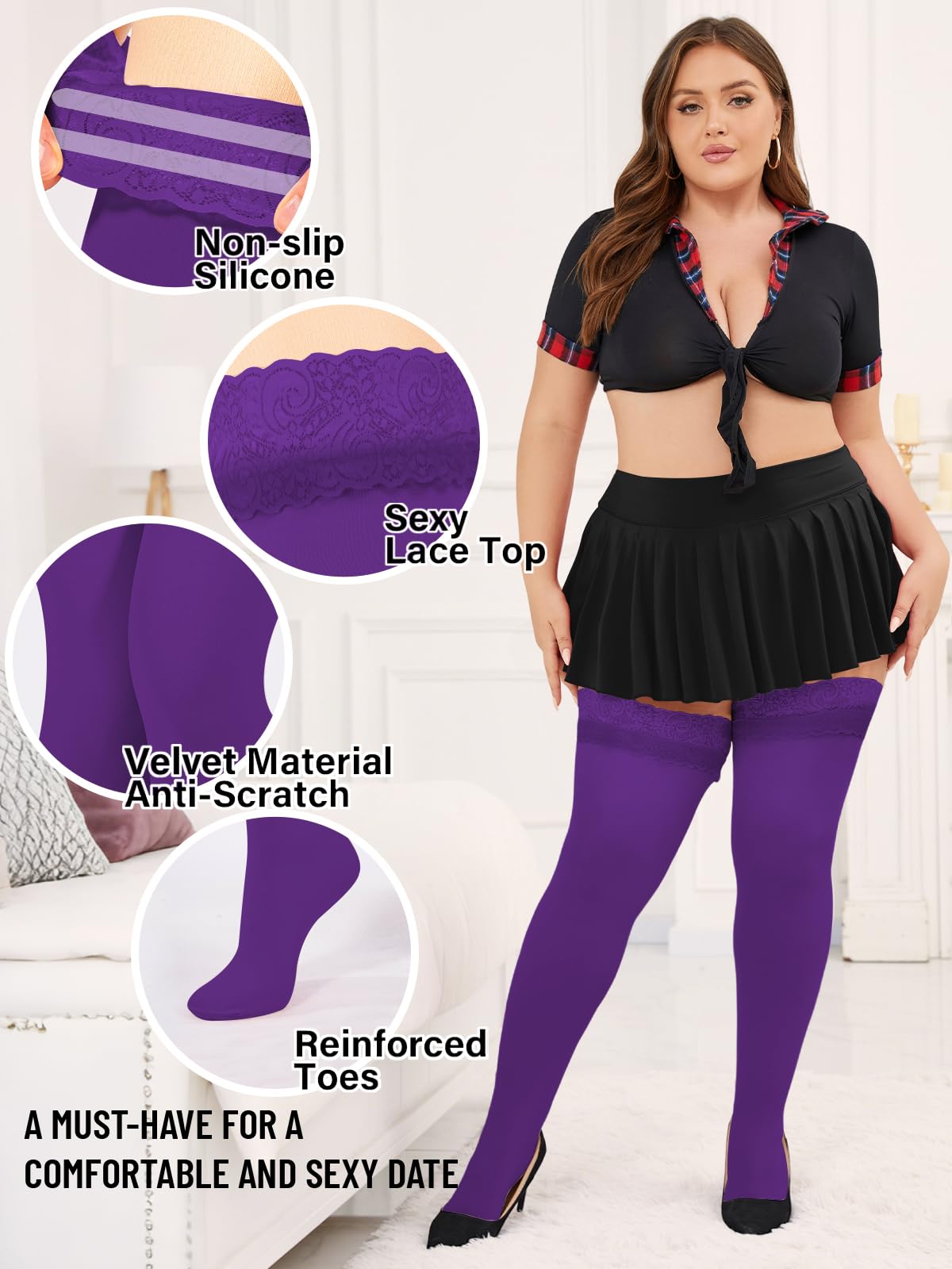Moon Wood Plus Size Thigh High Stockings Women Sexy Lace Semi Sheer Stay Up Lingerie Thigh Highs Stockings: Violet