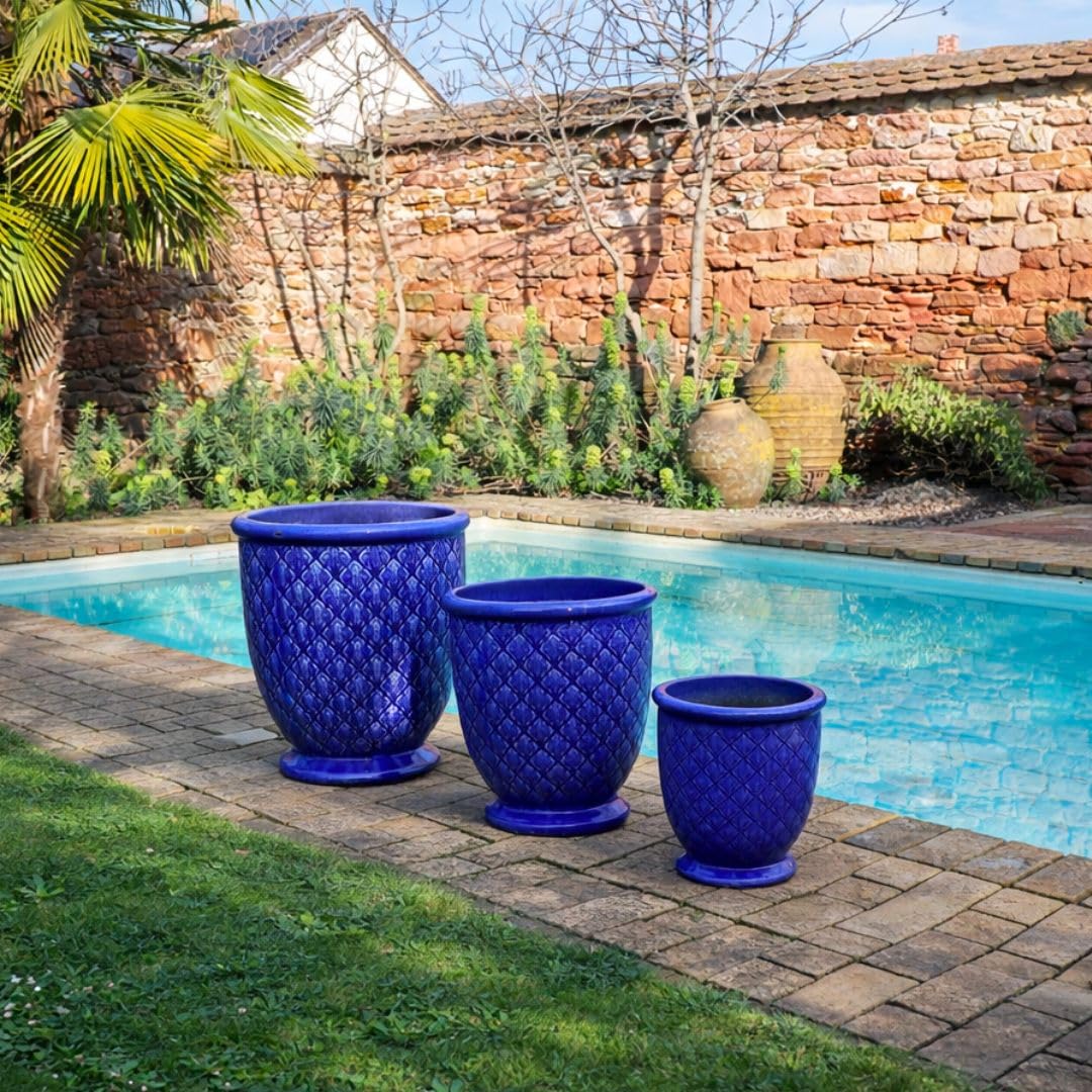 Indigo Provence glazurowana donica na rośliny, 54 cm, w kolorze kobaltowego błękitu – ręcznie wykonana ceramiczna donica na kwiaty z wysoko wypalaną glazurą i odpływem wody zapobiegającej