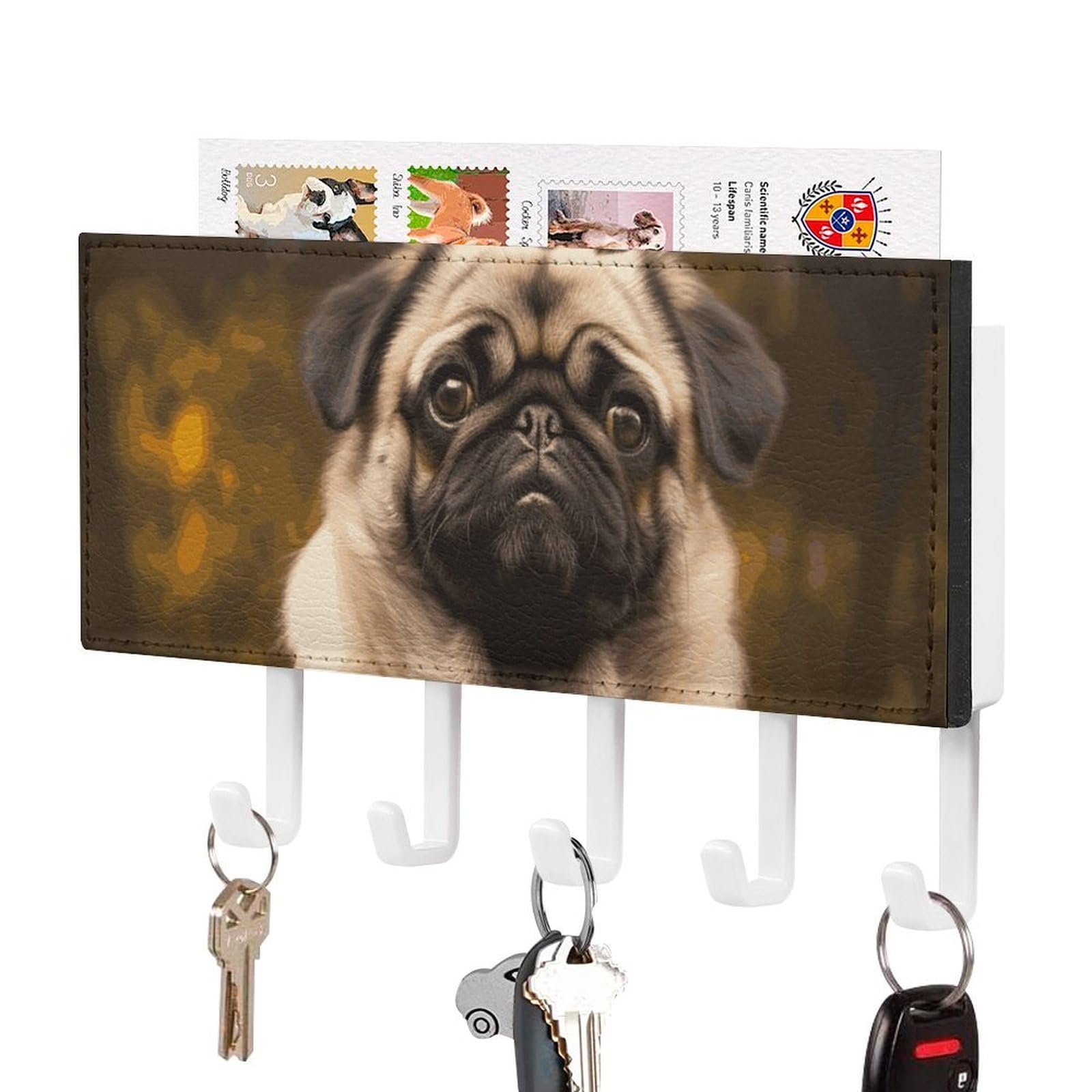 DWVTSLH Pug Dog Key Holder for Wall, Decorative Key Hooks with Mail Organizer & 5 Hooks, Self Adhesive Leather Key Hanger for Entryway, Wall Mounted Key Rack (7.1” X 4.3” X 0.9”)