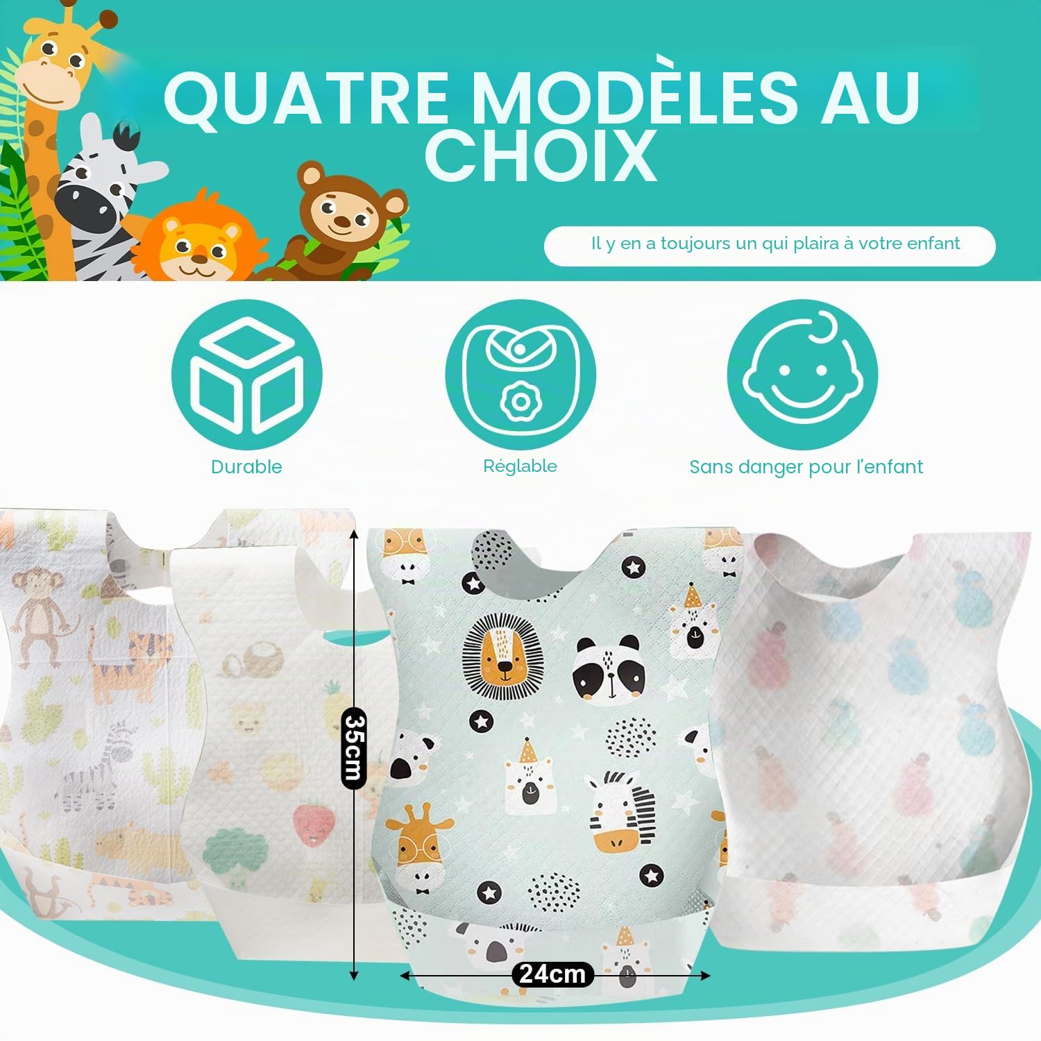 LATRAT Lot de 40 bavoirs jetables pour bébé, imperméable, sevrage en tissu non tissé, réglable, poche ramassage pour maison voyage, de 0 à 3 ans