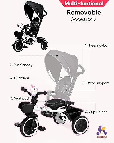 Miniatura 4 de KRIDDO Carrito de triciclo 7 en 1 para niños pequeños de 18 meses a 5 años, mango de empuje ajustable, asiento giratorio, portavasos y toldo