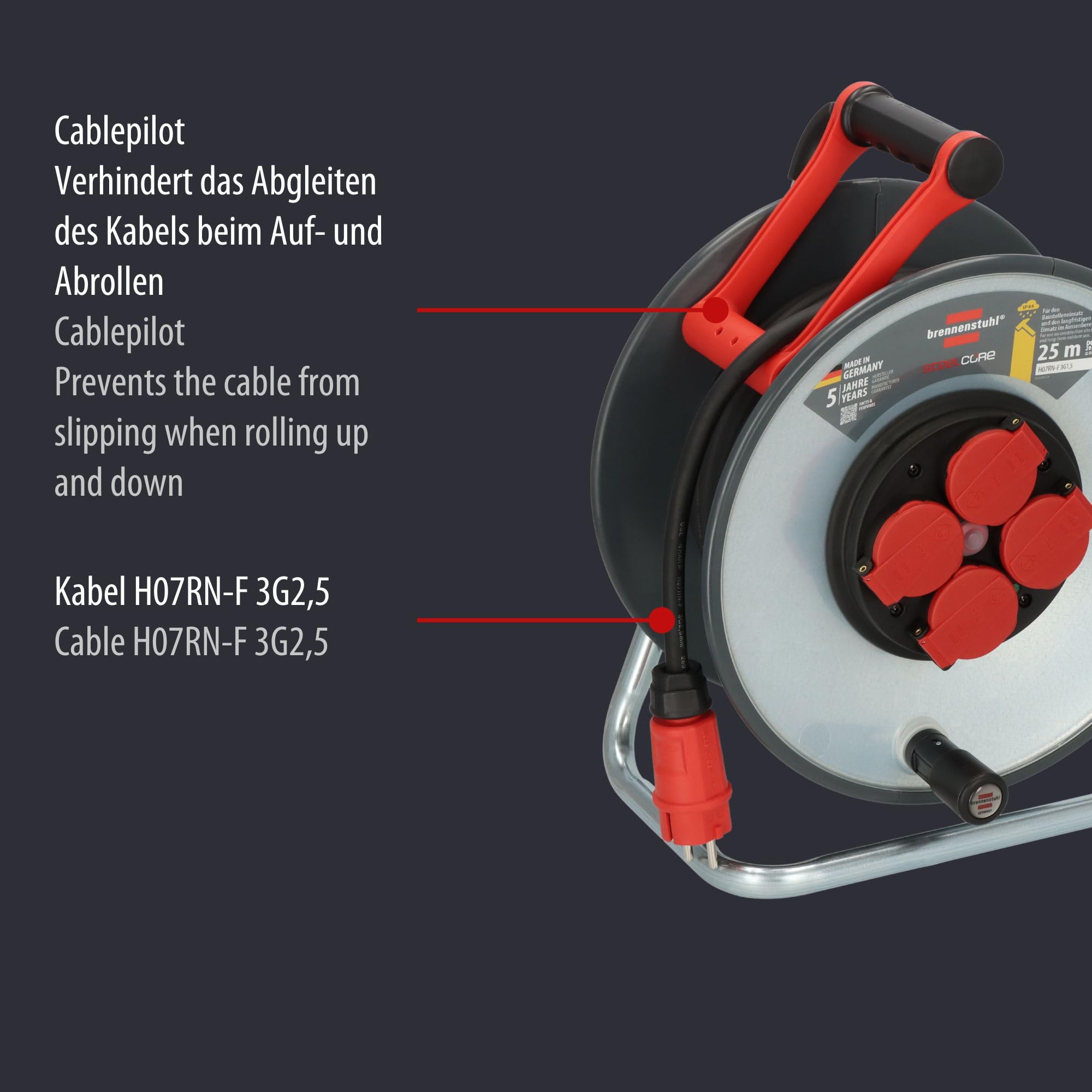 Brennenstuhl Tamburo professionale SteelCore SC 2200 IP44 (25 m H07RN-F 3G2,5, trommelkörper aus Stahlblech, Baustelleneinsatz und ständiger Einsatz im Freien, Made in Germany)