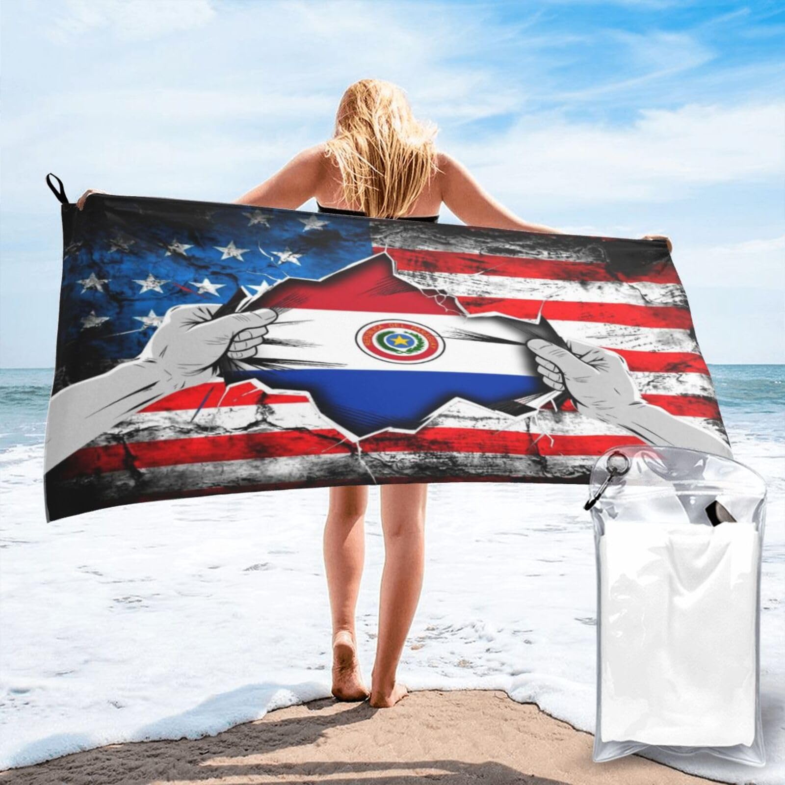 HACXZ American and Paraguay Flag Vintage Beach Towel Lightweight Absorbent Beach Towel Microfiber 27.5"X55"