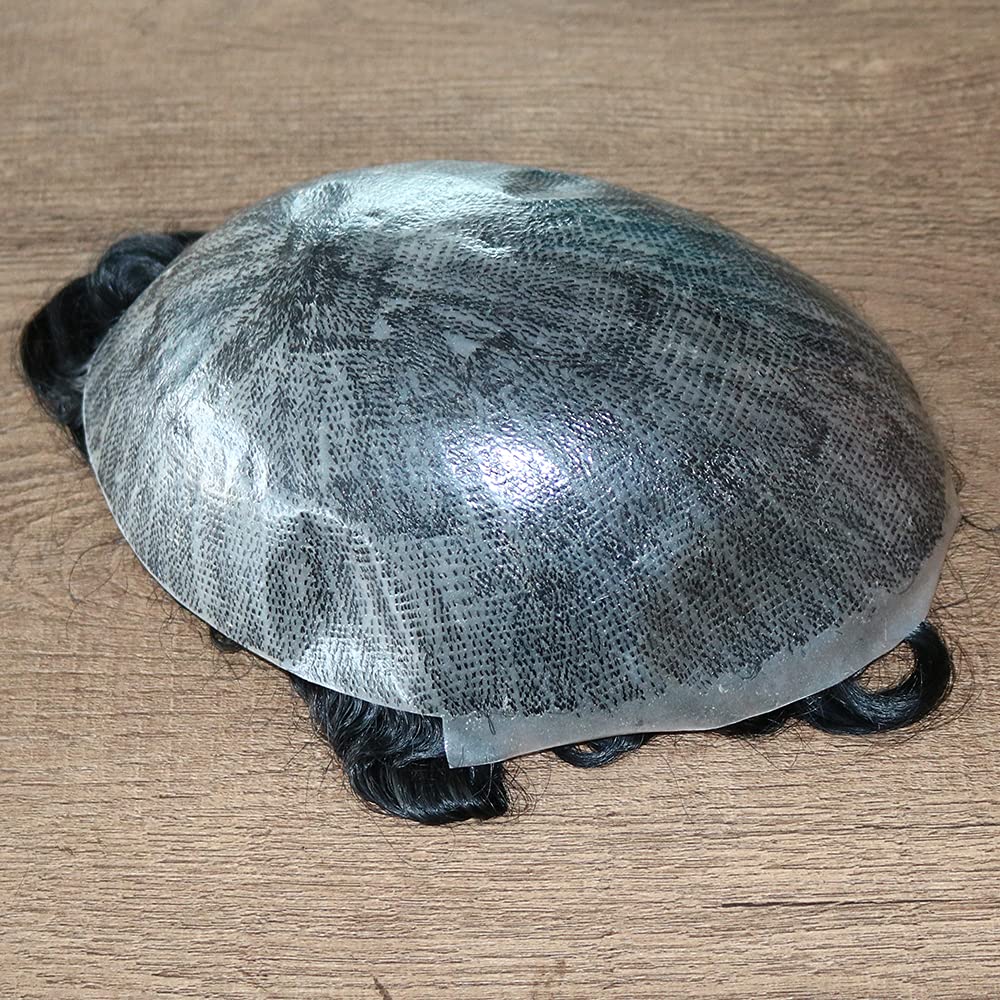 Tupet dla mężczyzn, #1B, kolor 20 mm, kręcone maszynowe, techniczna, męska peruka, baza ludzkich włosów, tupet, system zastępczy, 20 x 30 cm, naturalnie wyglądające treski (7 x 10 cm)
