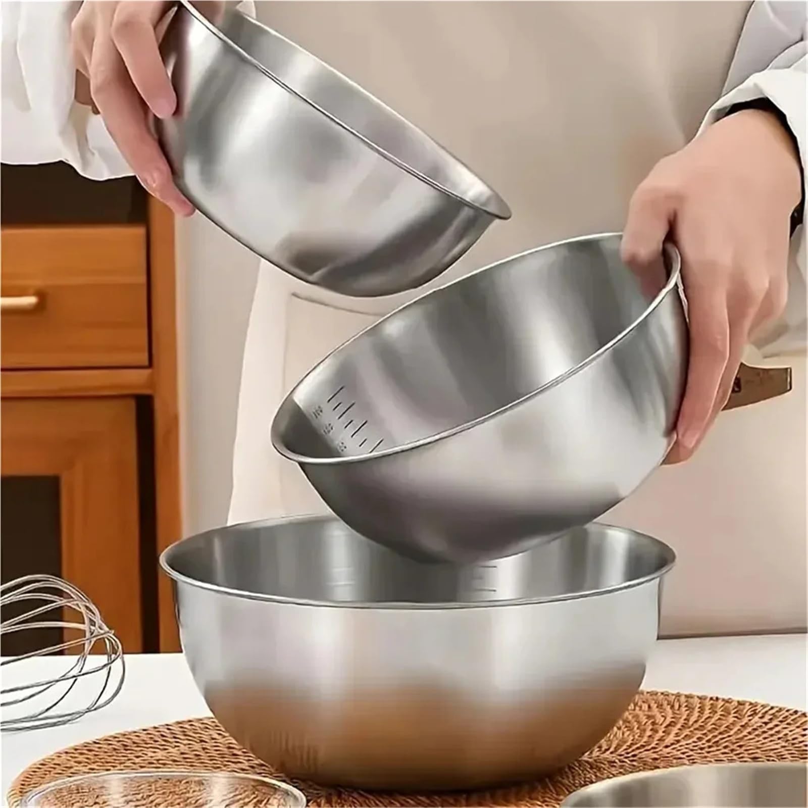 Tazón Para Mezclar Juego de tazones for mezclar acero inoxidable | 1-3 piezas con báscula de gran capacidad for cocinar, hornear y almacenar alimentos(L 1pc)