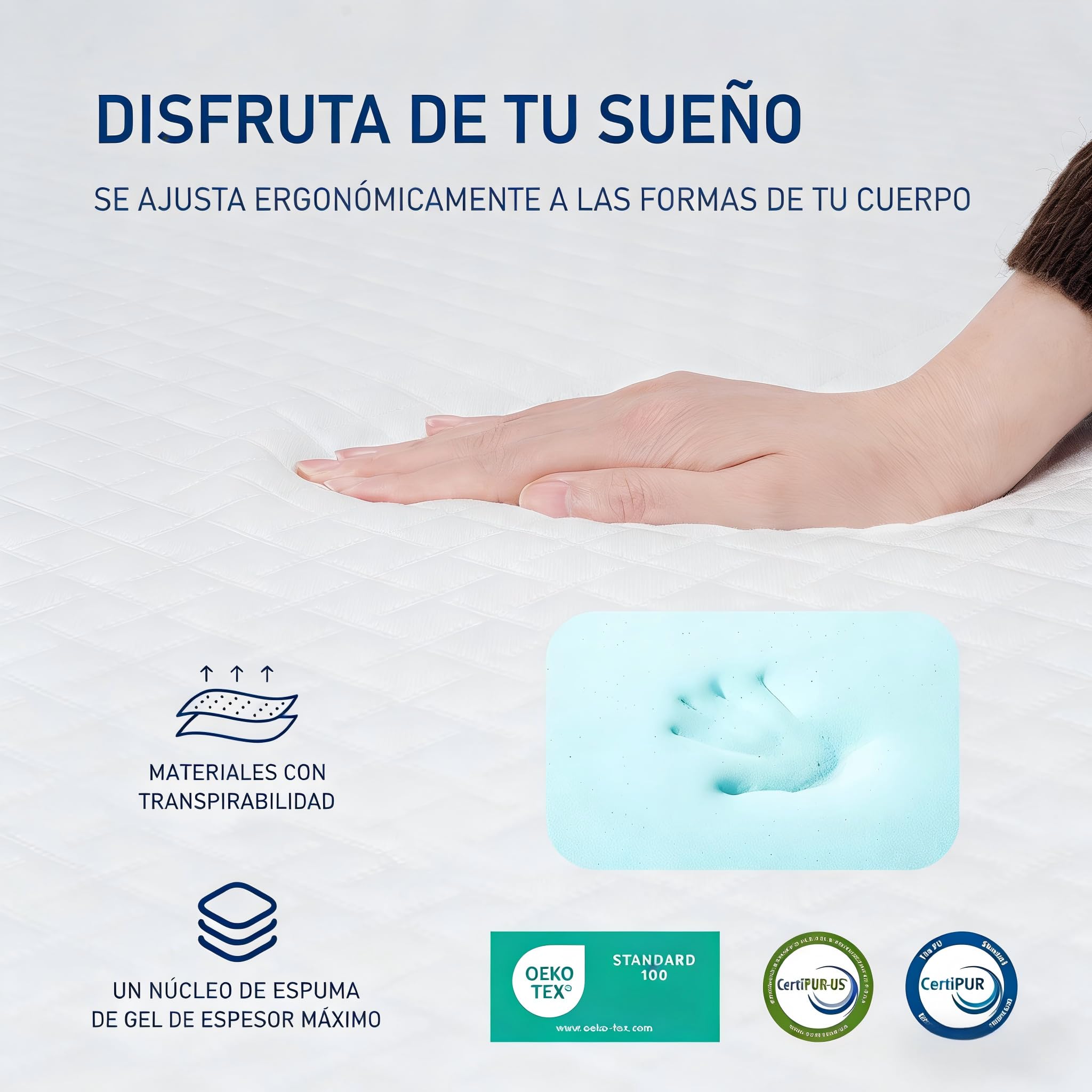 ROYGBIV Topper Colchón 140x190cm 7cm Viscoelástico con Gel - Dureza H2/H3 Ergonómico Transpirable Antibacteriano Antiácaros Hipoalergénico Funda Lavable - Certificado Oeko-Tex