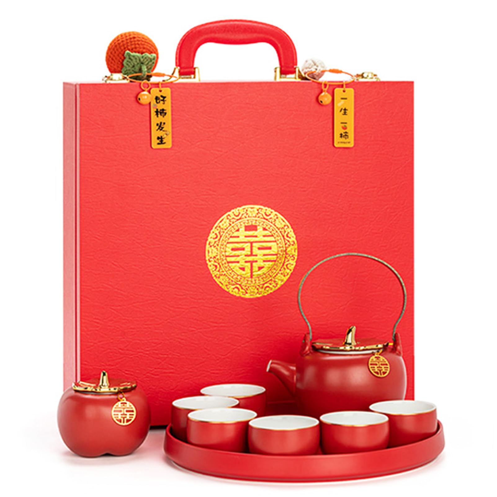 Juego de té chino de cerámica roja Kung Fu con tetera y tazas para ceremonia nupcial