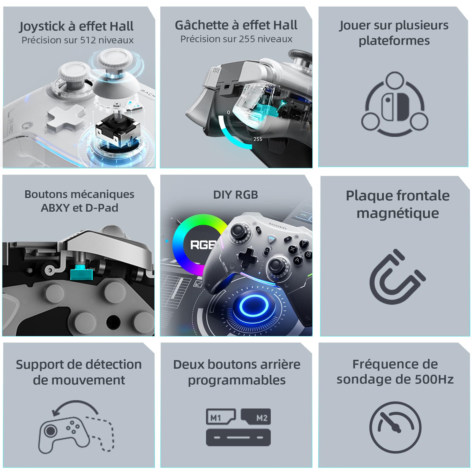Machenike G5 Pro Manette PC Gamer Sans Fil RGB, Hall Joystick, Manette sans fil Switch Bluetooth pour PC/Mobile Android/iOS/Switch/iPad, Double Vibration, Filaire/BT/2.4G (Blanc)