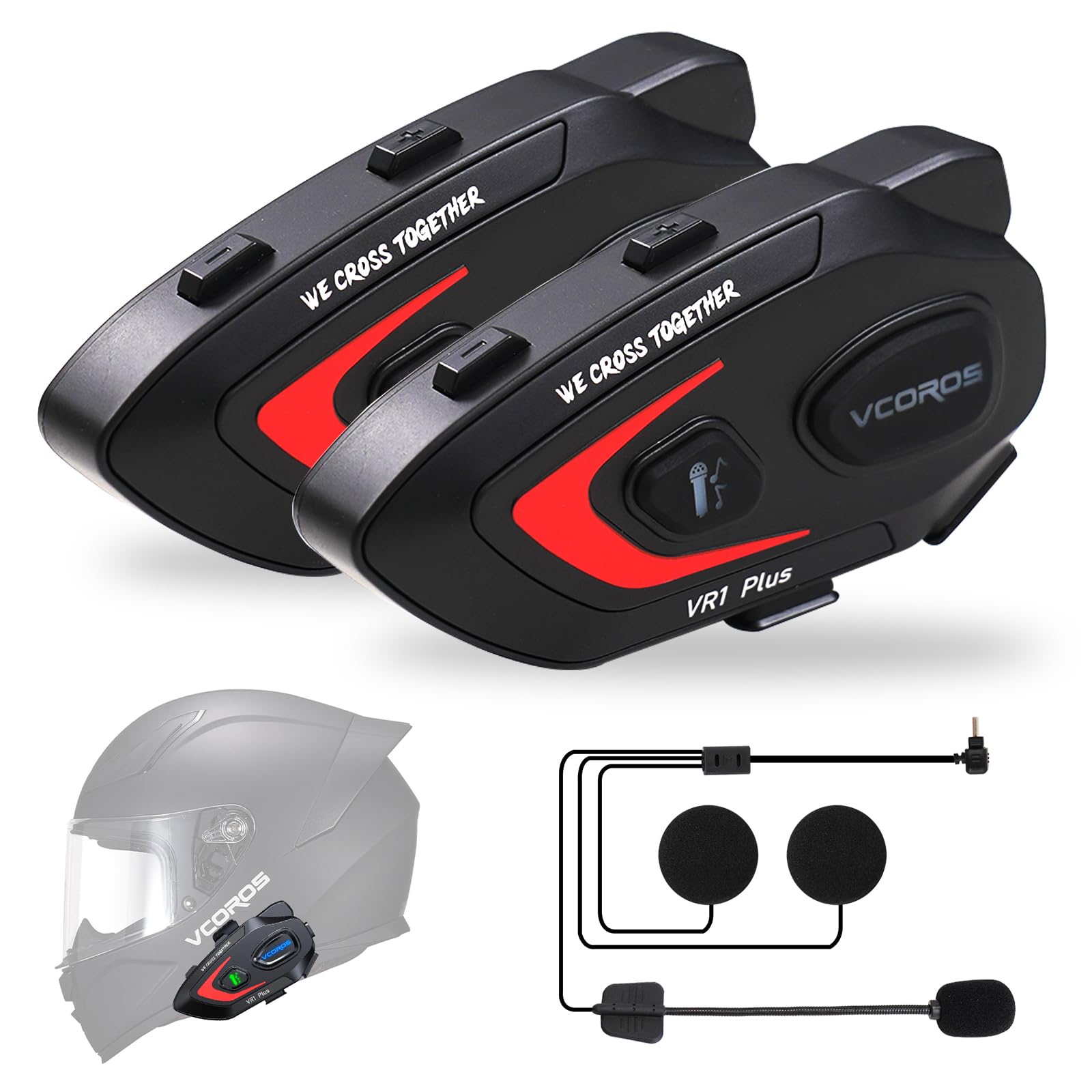 Interfono Moto VR1 Plus,Sistema di Comunicazione per 2 Persone entro 500m,Auricolare Casco Moto,IP56 Impermeabile,Interfono Casco Supporta Le Chiamate Vocali Controllo Della Musica (2Pack Hard Mic)