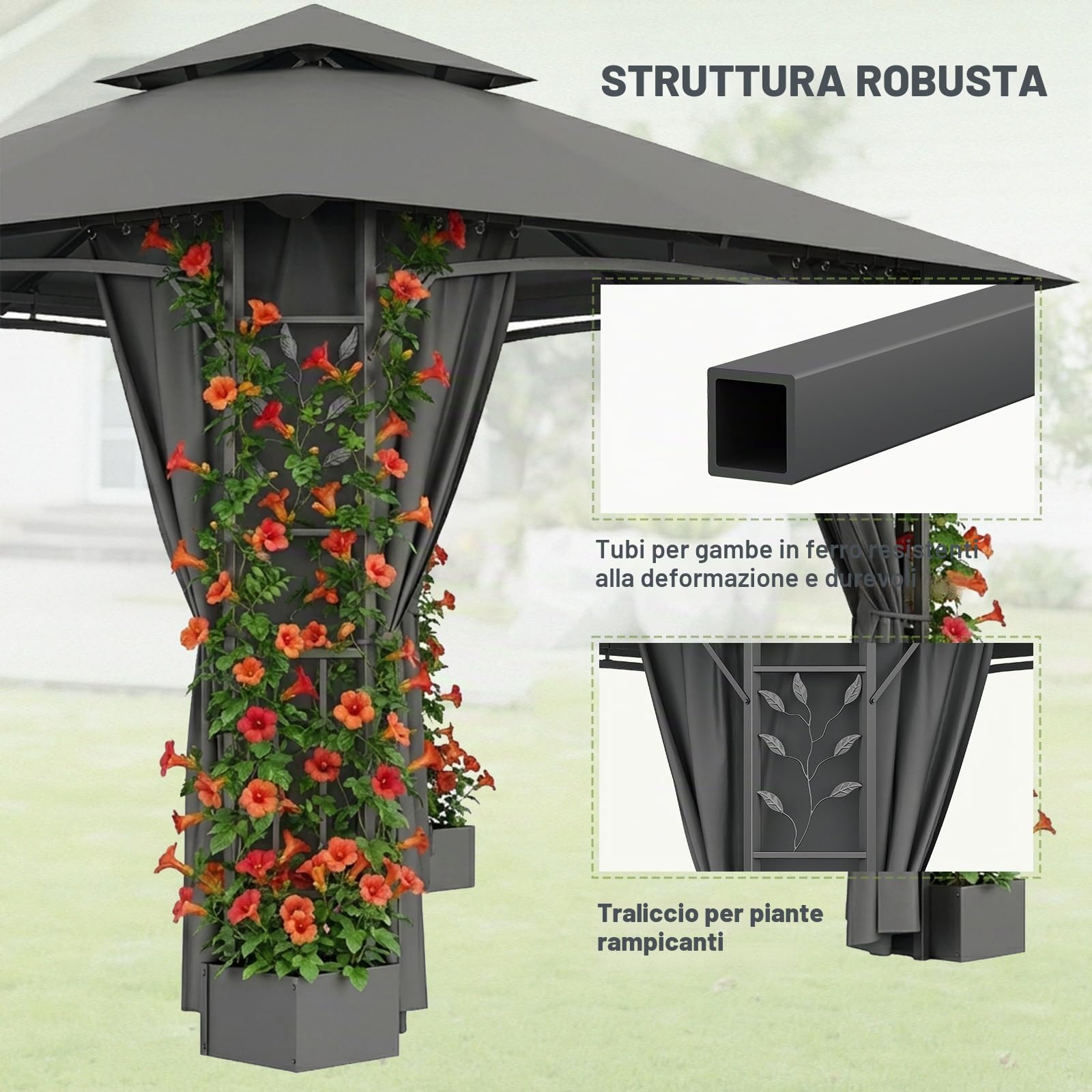 JUMMICO Padiglione da Giardino in Ferro 3.3x3.3m con Fioriera, 4 Pareti Laterali, Stabile, Resistente al Vento e alle Intemperie - Struttura Metallica, Soggiorno da Giardino, Grigio