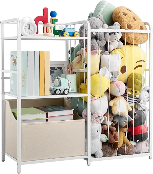 VEVOR Kids Bookshelf and Stuffed Animal Storage, Toy Storage Organizer, 2-Tier Book Shelf with Fabric Toy Chest, Toy Storage for Kids Room, Living Room, Entryway, Nursury, Preschool, White