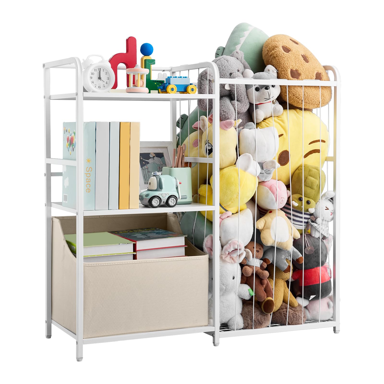 VEVOR Organisateur de jouets animaux en peluche, bibliothèque enfants à 2 niveaux, meuble de rangement avec coffre à jouets en tissu, pour chambres, salles de jeux, crèches et jardins d'enfants, blanc