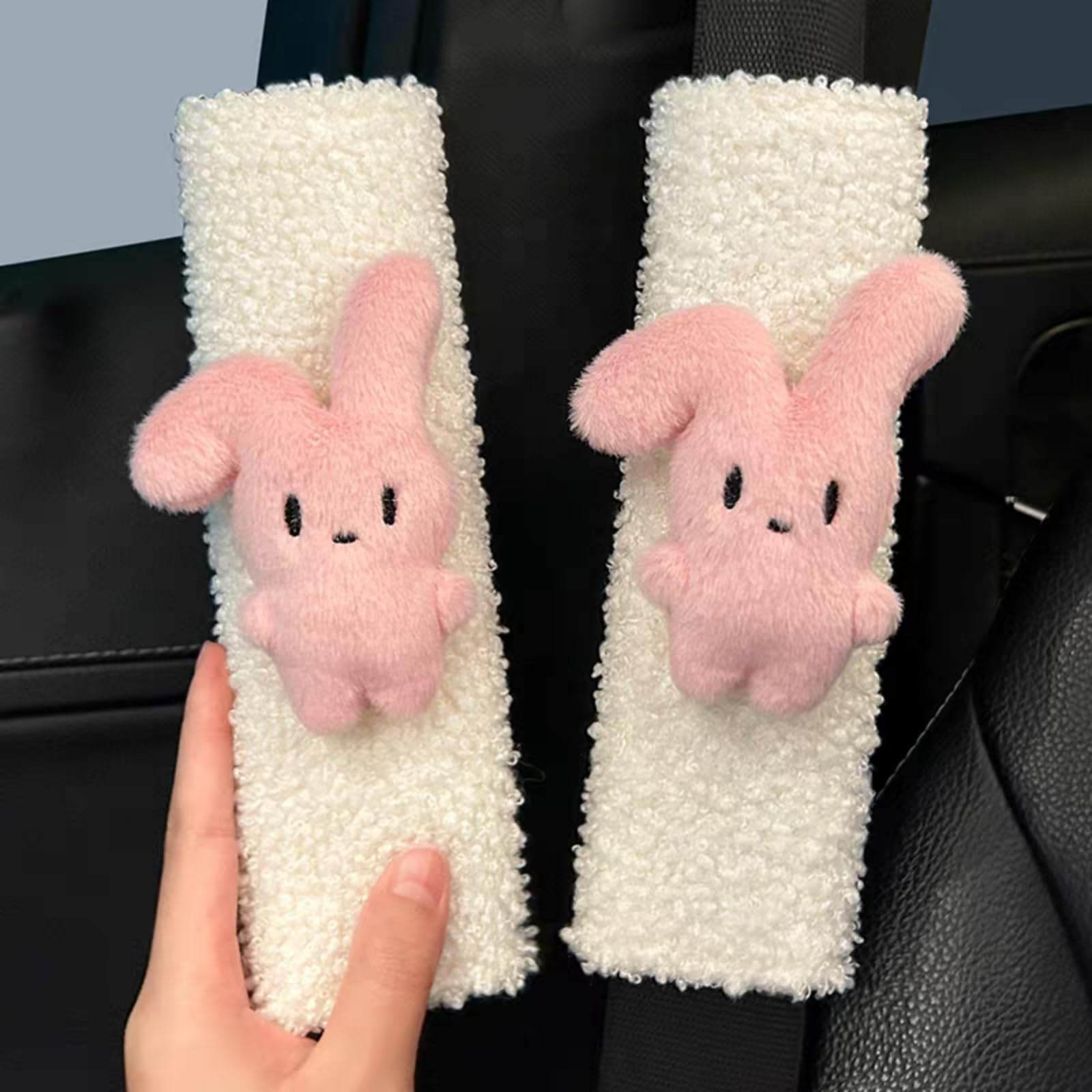 Zigihos 2 PCS Seat Belt Cover Pad, Cute Kawaii Animal Bunny Seatbelt Covers for Kids and Adults, Winter Plush Fluffy Soft Seat Belt Cover, Cartoon