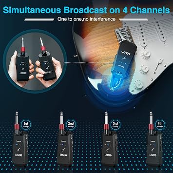 LEKATO 5.8G Wireless Guitar System Upgraded Rechargeable Wireless Guitar Transmitter Receiver, Super Long 8 Hours Battery Life, 4 Channels Guitar Wireless System for Electric Guitar Bass(WS-90)