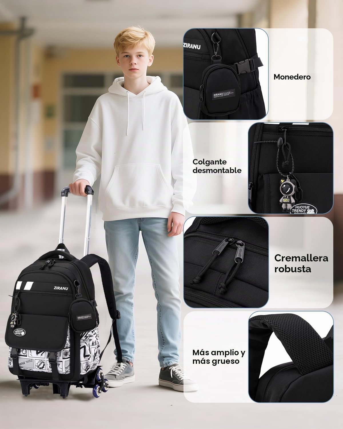 Tanou Mochila con Ruedas Niño de Instituto, 6 Ruedas, 28L | Mochilas Escolares Grandes para Adolescentes con Carro, Trolley Desmontable para Chico con Monedero, Negro