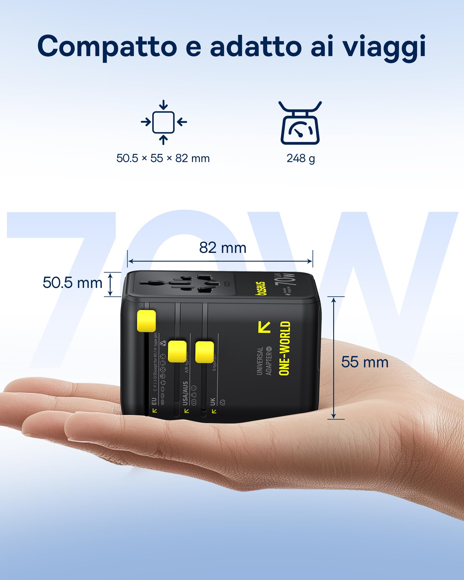 Baseus Enercore Adattatore da Viaggio Universale 70W con Cavo Estraibile, Spina Universale con 2AC + 2USB A + USB C, Adattatore Internazionale per USA, Regno Unito, Giappone, Thailandia, Australia