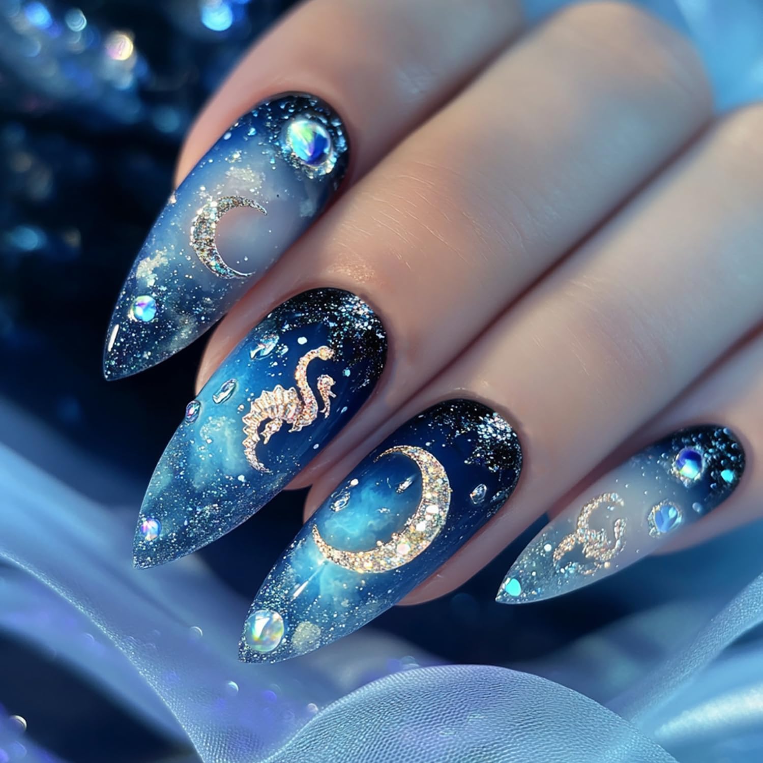 Dark Blue Starry Sky Press on Nails - Glossy Acrylic Design