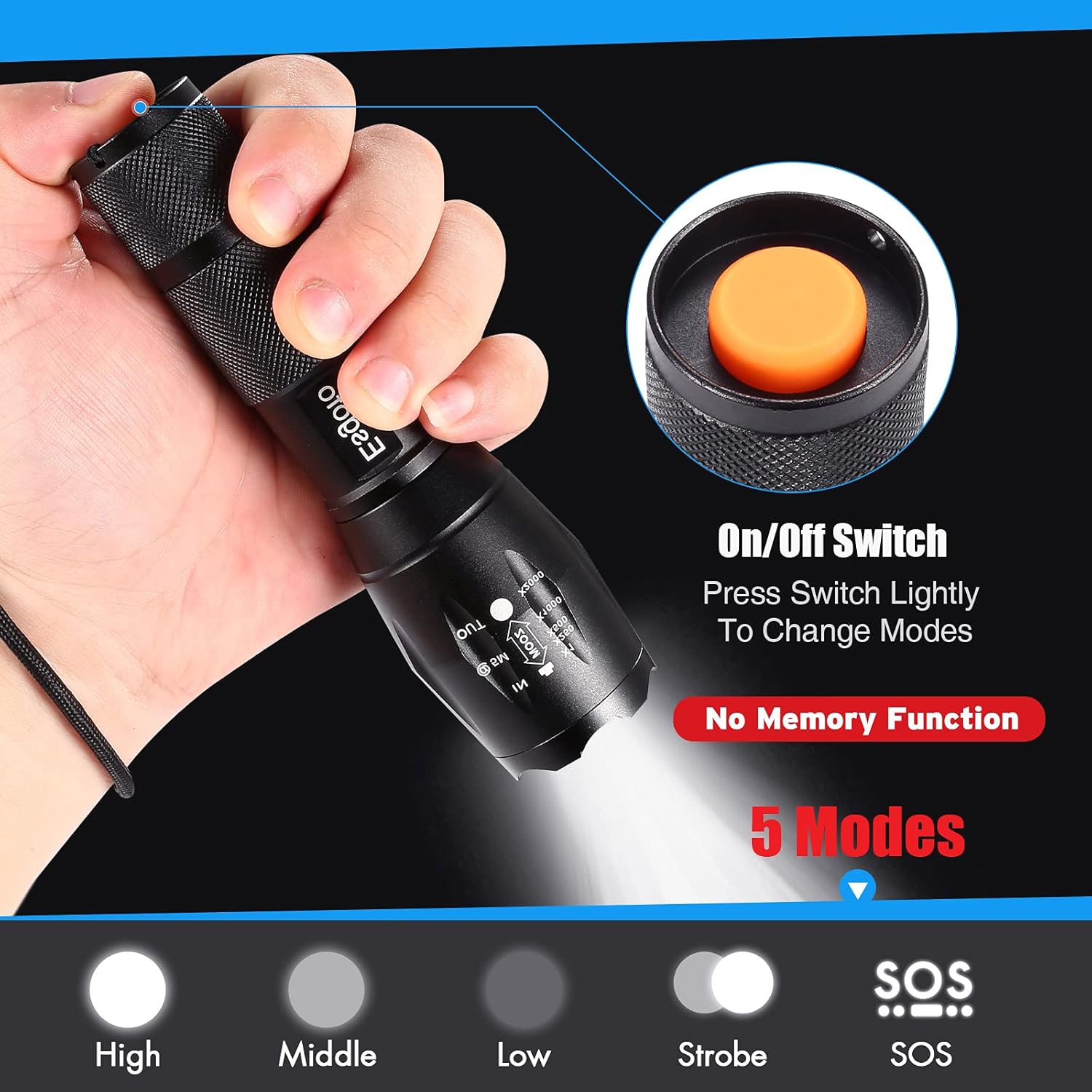 Rechargeable LED Flashlights High Lumens 3000 lm, Esgofo High Power Tactical Flashlight, Super Bright XML L2 LED Flashlight, Compact Handheld Flash Lights, for Emergency Hiking Gift, Battery Included : Tools & Home Improvement