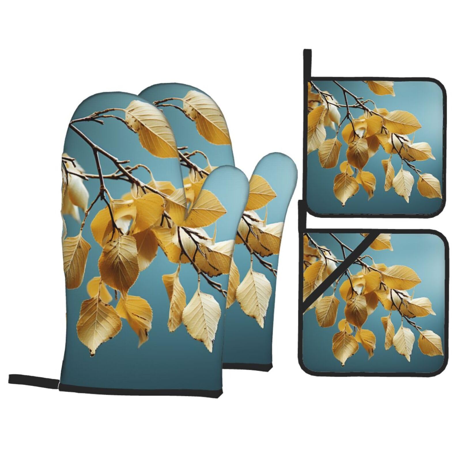 4 Piece Oven Mitts and Pot Holders Set Heat Resistant Oven Gloves and Potholders BBQ Gloves Hot Pads Birch Leaves Cooking Gloves for Kitchen Baking Grilling