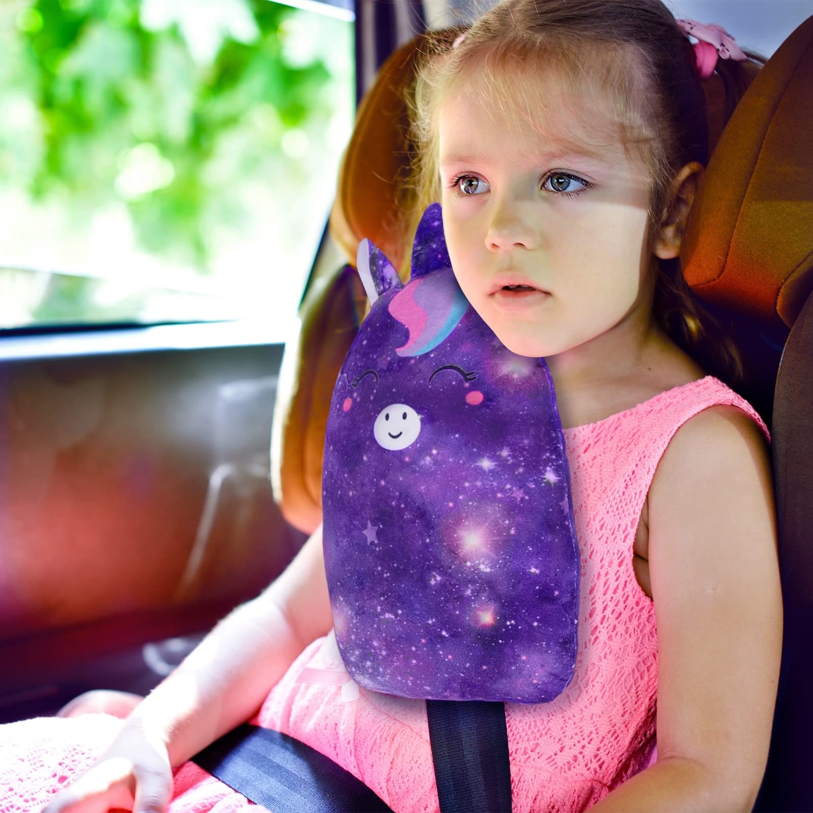 FIODAY Copri cinture di sicurezza per bambini, con unicorno, morbido cuscino per cintura di sicurezza, regolabile, supporto per testa e collo, per bambini, ragazzi e ragazze, da viaggio, viola scuro