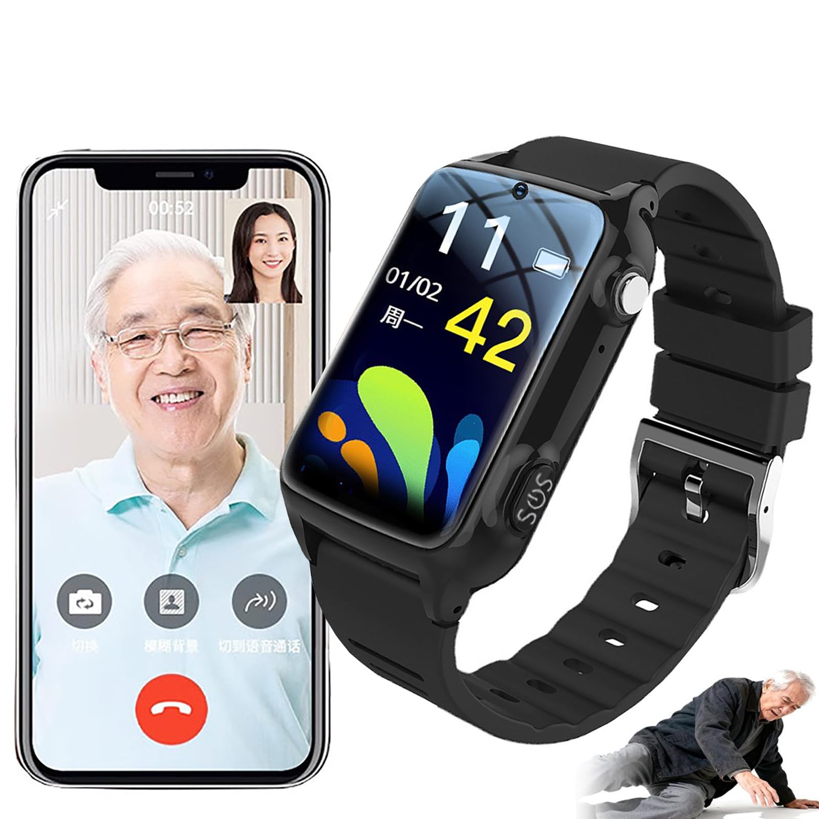 Reloj Inteligente 4G, Diseñado Específicamente Para Personas Mayores, Cuenta Con Detección De Caídas + Botón De Emergencia SOS, Posicionamiento GPS, Un Regalo Que Satisface A Los Padres Black