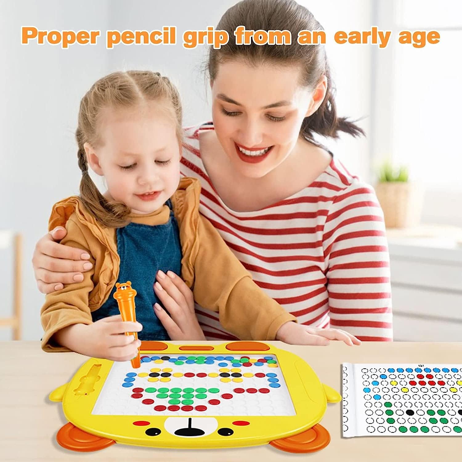 Kidoyz Magnetic Dot Drawing Board Toy for Kids β Montessori Learning Magpad with Stylus & 12 Double-Sided Activity Cards | Educational Magnetic Beads Toy (Color May Vary) (Bear Yellow) 1