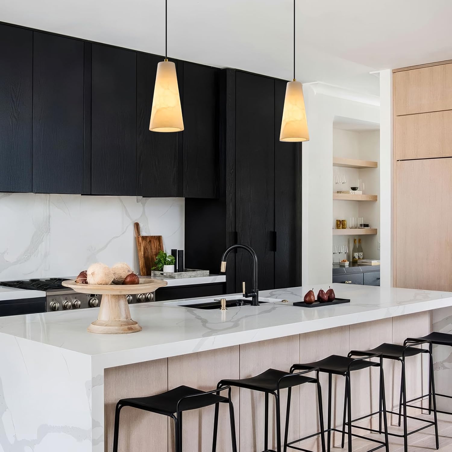 Alabaster Kitchen Island Pendant Light: White Marble Hanging Lights Set of 2 over Dining Table - Natural Stone Textured Pendants Lighting - Vintage Brass Cylinder Chandelier above Sink Bulb included