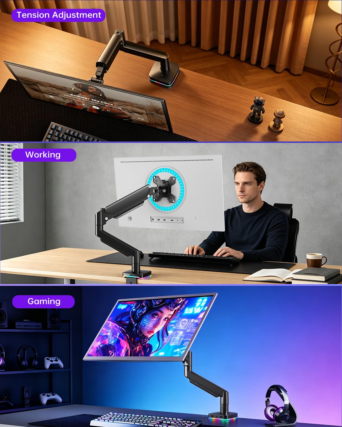 Afaloona Supporto per monitor singolo RGB, braccio per monitor a molla a gas con 3 porte USB, funzione di ricarica e trasferimento dati USB, supporto da scrivania per monitor da 13"-32" fino a 9 kg