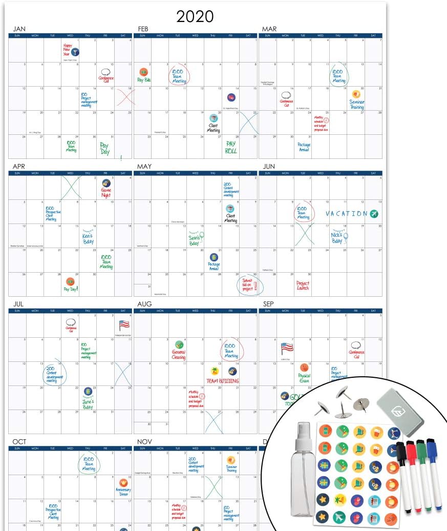Lushleaf Designs - 2020 Dry Erase Wall Calendar - 24x36 Inches - Vertical Large Month Planner - Whiteboard Poster