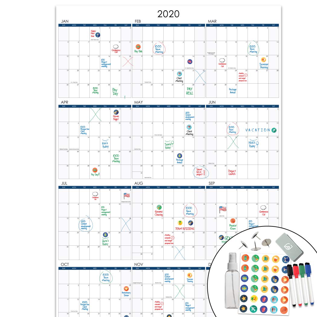 Lushleaf Designs - 2020 Dry Erase Wall Calendar - 24x36 Inches - Vertical Large Month Planner - Whiteboard Poster