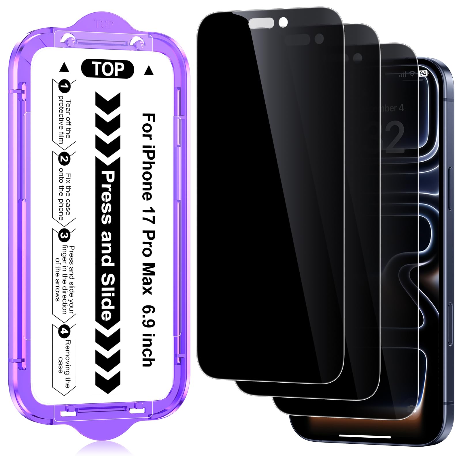 【覗き見防止】 iPhone 17 Pro Max対応 ガラスフィルム 3枚入り 25°覗き見防止 保護フィルム 自動位置決め ガイド枠付き 貼りやすい 自動吸着 気泡防止 9H硬度 指紋防止 飛散防止 スクラッチ防止