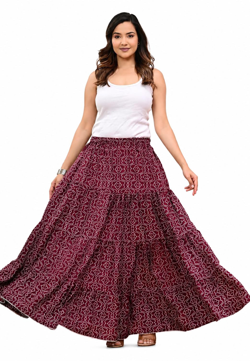 Women's Tiered Maxi Skirt, Rayon, Bandhani Floral Print, Elastic Drawstring Waist//Women's Full Length Rayon Maxi Skirt-image-22