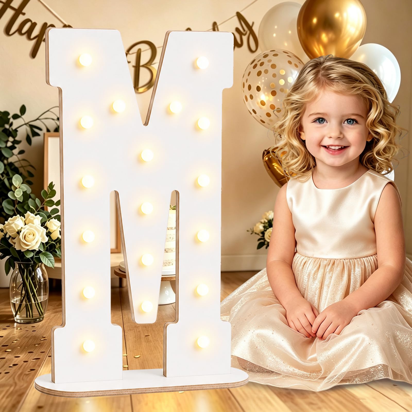 Large 44CM White Wooden Light Up Letters M for Birthday Party Decorations — image 1