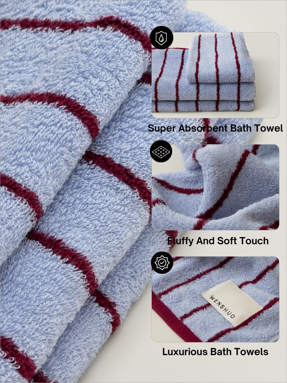 WENSHUO Sea Salt Twilight-Pure Cotton Striped Bath Towel,100% Combed Cotton,Luxury Shower Towel,Super Absorbent(Pack of 1) (55.12" L × 27.56" W) - Image 3