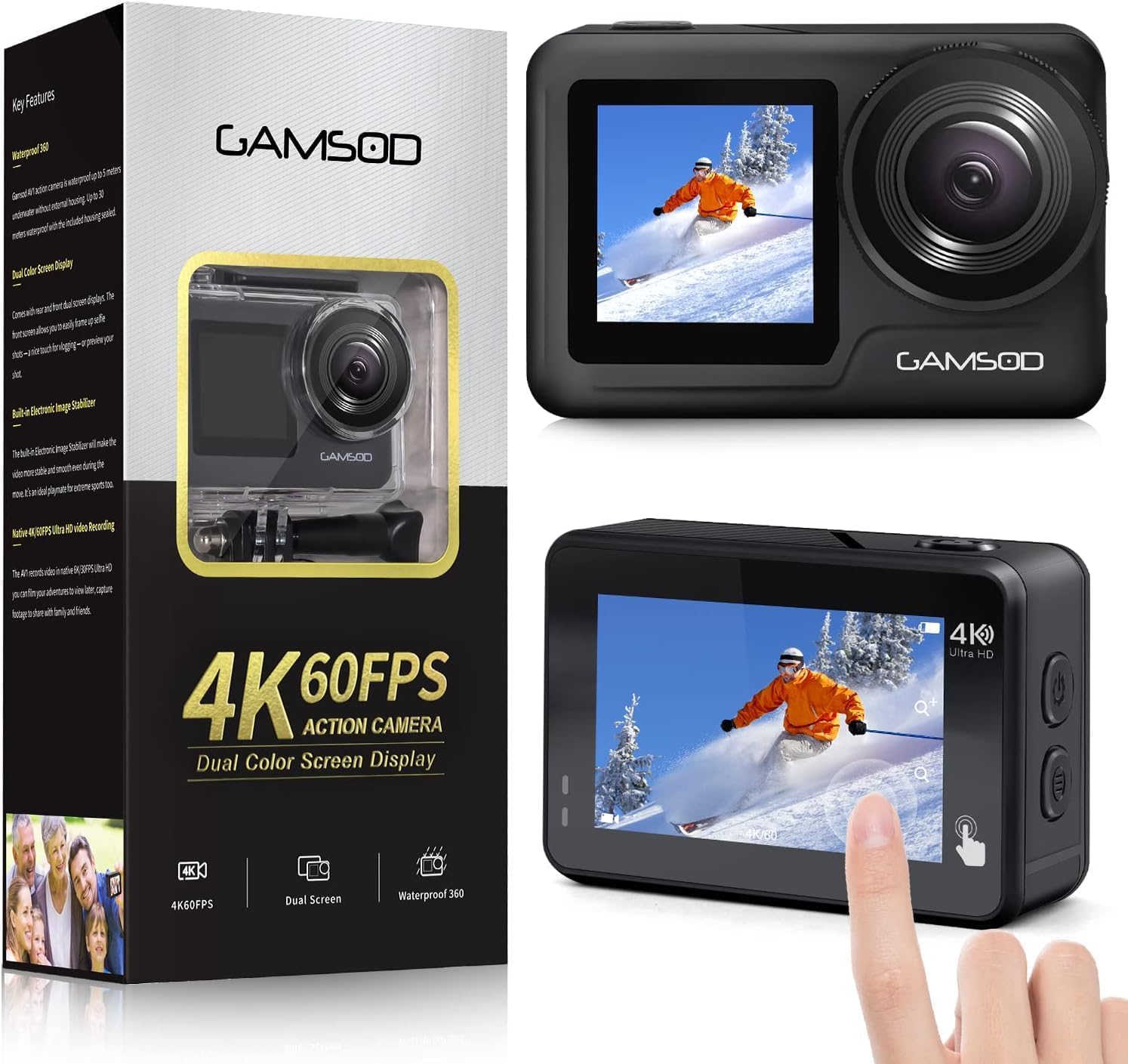 GAMSOD 4K 60FPS 20MP WiFi Action Camera with Front LCD & Touch Rear Screens, 131 Feet Waterproof, Stabilization, EIS 2.0, Remote Control Outdoor Sports Camera, Vlog Underwater Camera with 2X Batteries GAMSOD 4K 60FPS 20MP WiFi Action Camera with Front LCD & Touch Rear Screens, 131 Feet Waterproof, Stabilization, EIS 2.0, Remote Control Outdoor Sports Camera, Vlog Underwater Camera with 2X Batteries